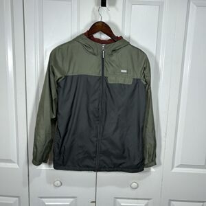 Columbia Youth L 14 15 Jacket Hooded Fleece Lined Green Gray Full Zip Outdoor